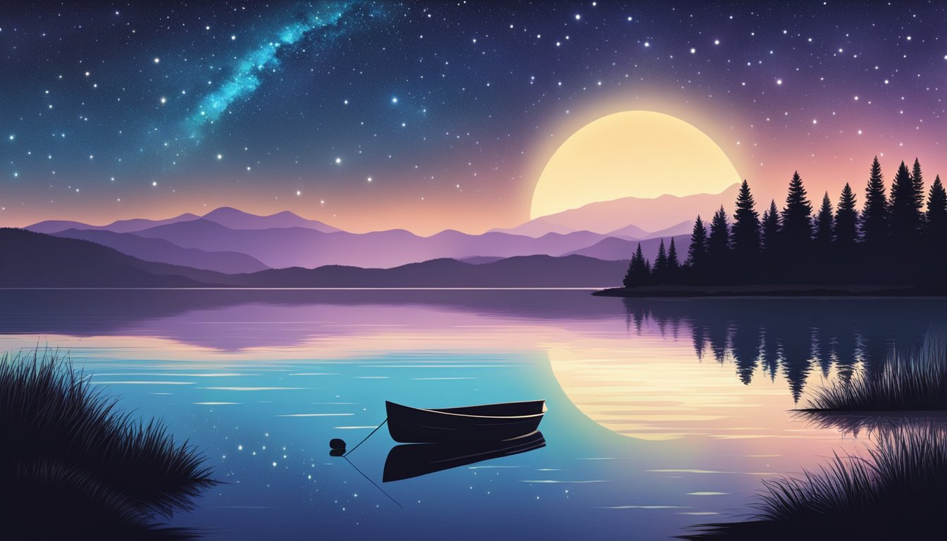 A tranquil lake reflecting a starry night sky, with the silhouette of a boat and distant shoreline