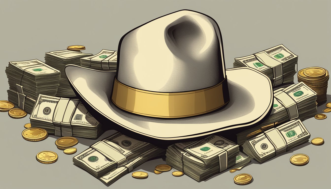 A cowboy hat surrounded by stacks of cash and gold coins, with a guitar leaning against it