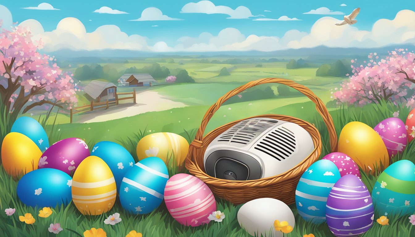 A bright blue sky with scattered white clouds, a basket of colorful Easter eggs, and a speaker playing George Strait songs