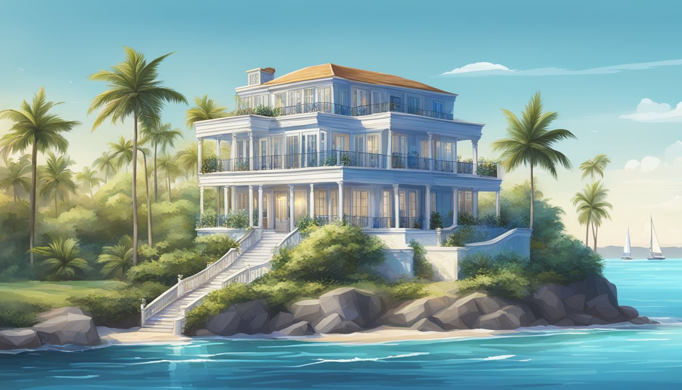 A beachfront mansion with palm trees, a sparkling blue ocean, and a yacht anchored in the distance