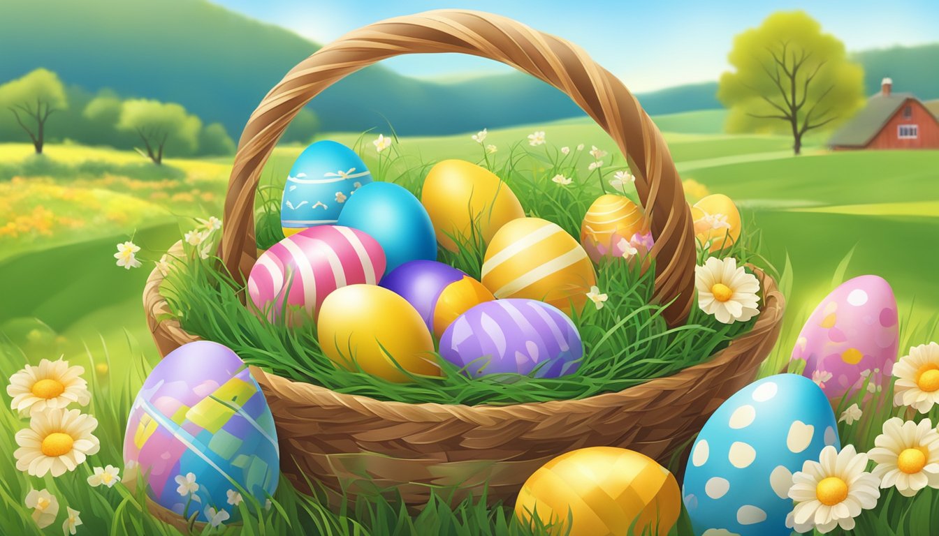 A colorful Easter basket filled with eggs and flowers, surrounded by a warm, sunny countryside setting with a clear blue sky