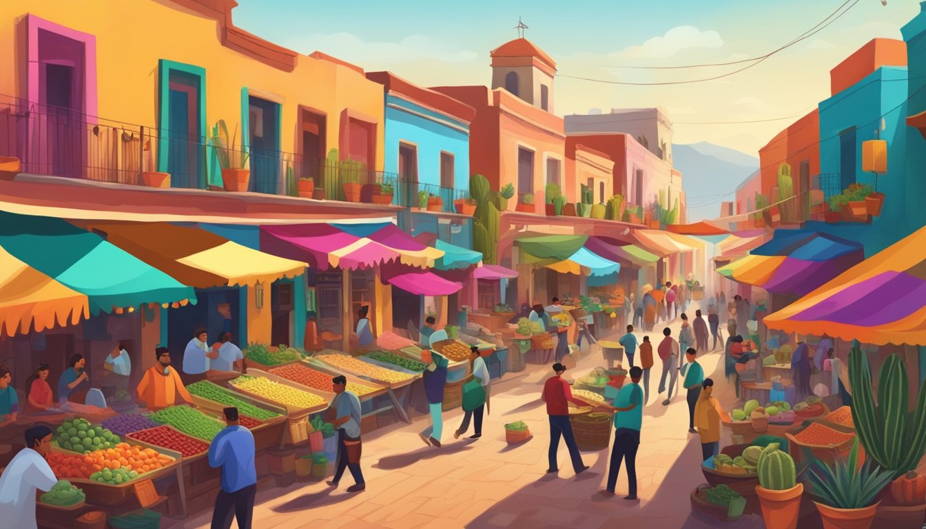 A vibrant Mexican marketplace with colorful buildings, cacti, and street vendors selling goods. Mariachi band playing in the background