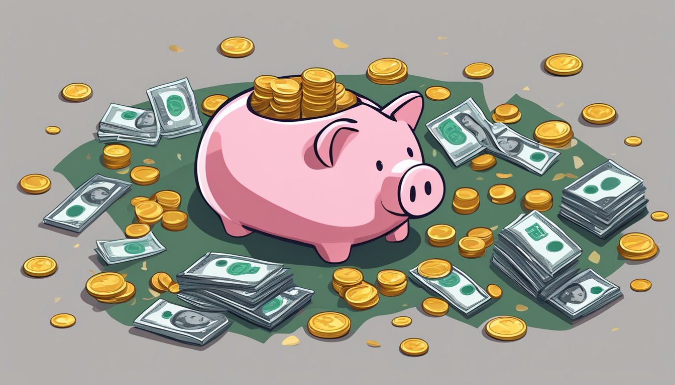 A pile of cash and coins scattered on the ground, surrounded by empty wallets and a broken piggy bank