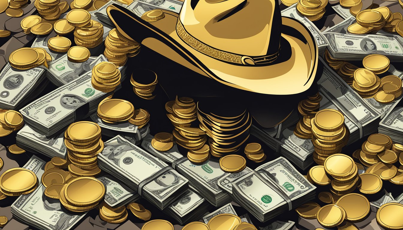 A cowboy hat surrounded by piles of gold coins and dollar bills, with a guitar leaning against it