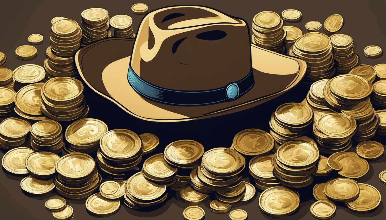 A cowboy hat surrounded by stacks of money and gold coins, with a guitar leaning against it