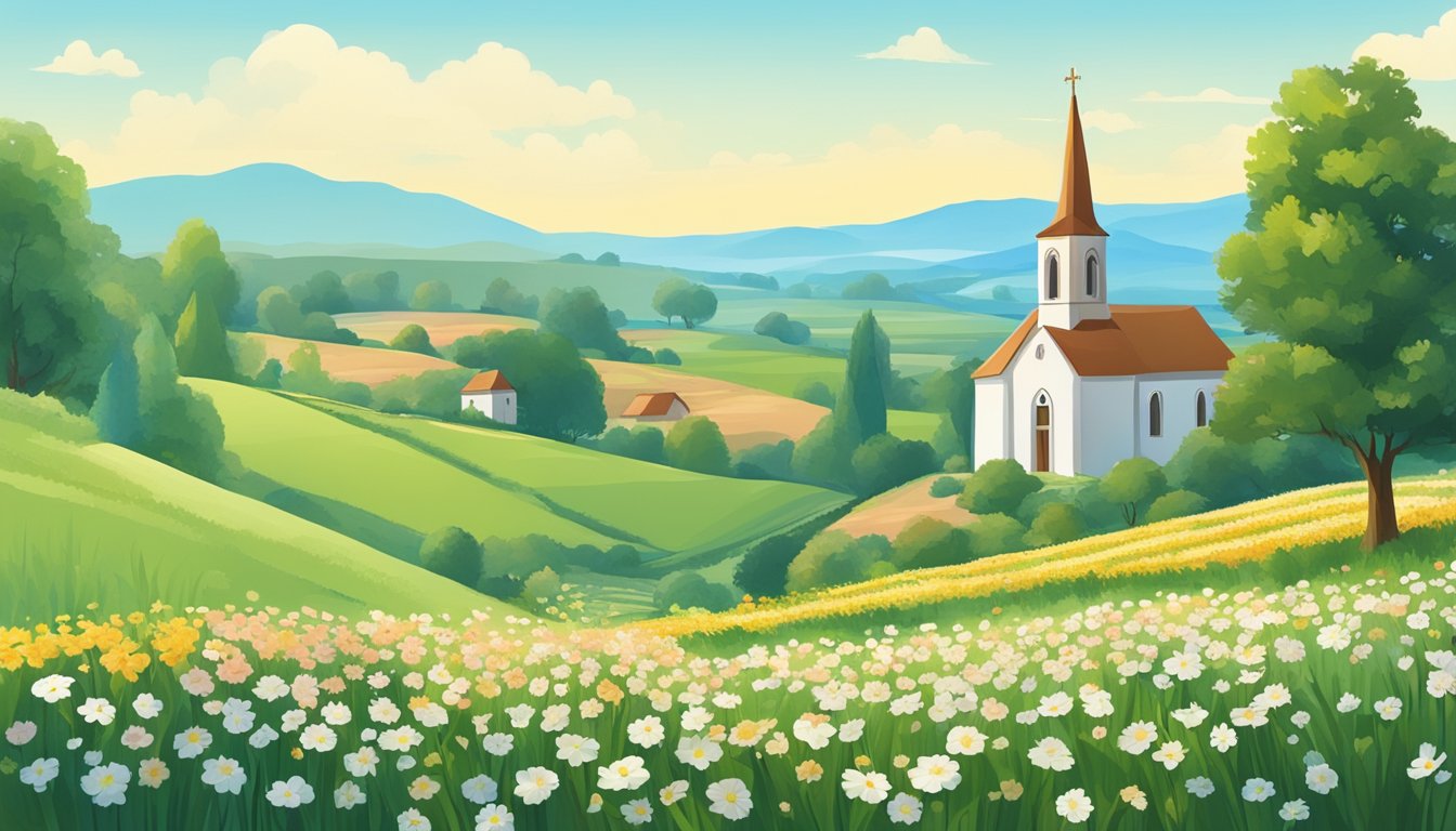 A peaceful countryside with blooming flowers, a clear blue sky, and a small church in the distance