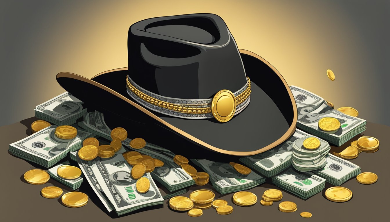 A pile of cash and gold coins spilling out of a cowboy hat on a stage with a guitar and microphone