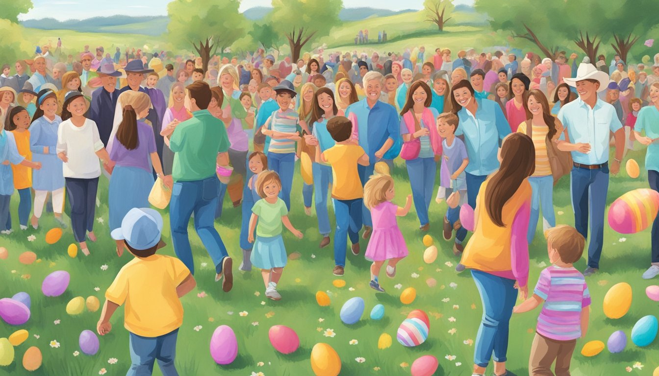 A colorful Easter egg hunt with George Strait music playing in the background, families gathered around, and a sense of joy and celebration in the air