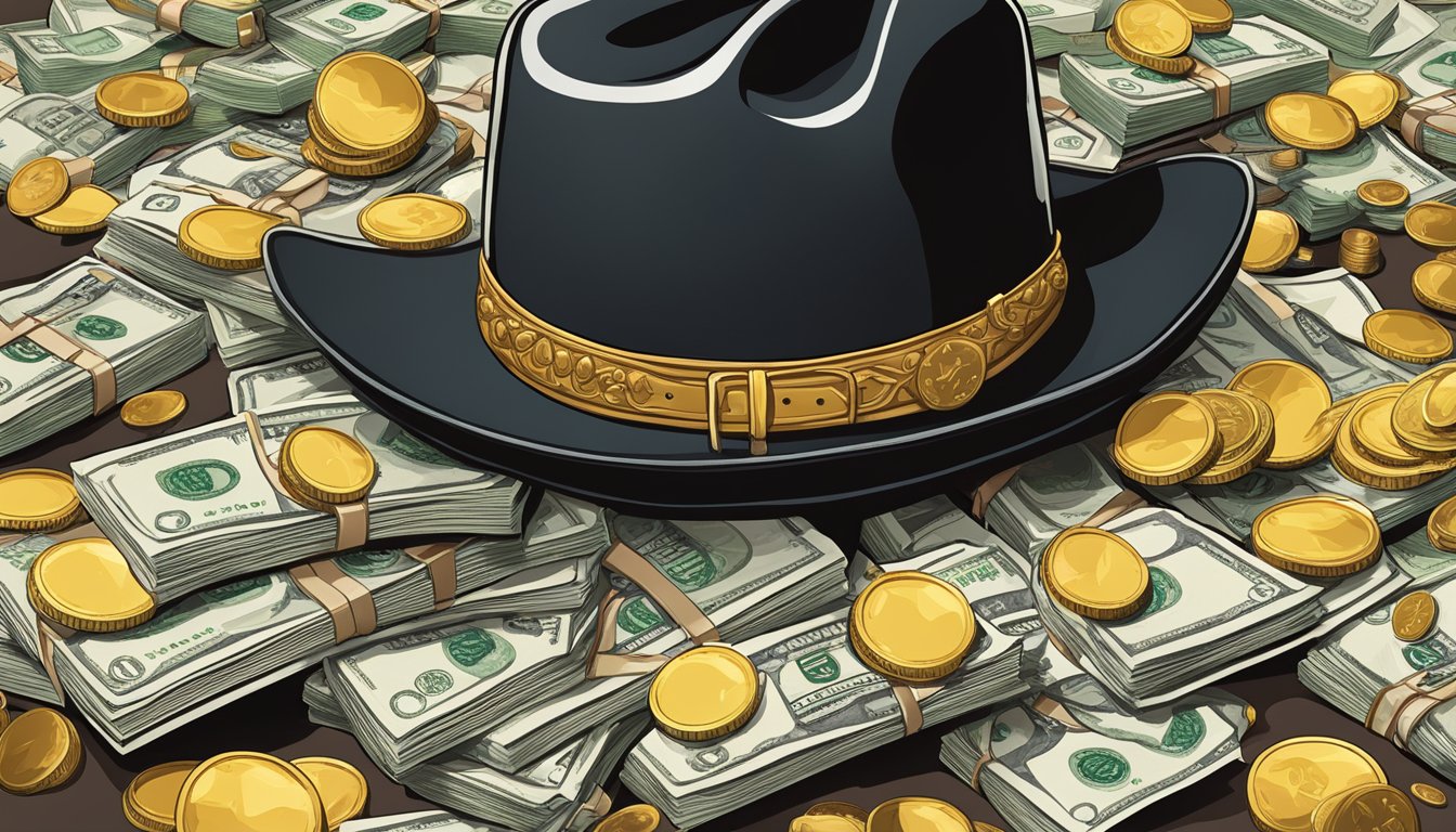 A pile of cash and gold coins spilling out of a cowboy hat, surrounded by guitars and cowboy boots