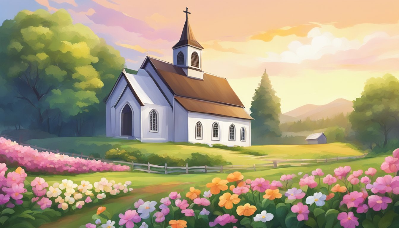 A country church with a cross on the steeple, surrounded by blooming flowers and a peaceful countryside landscape