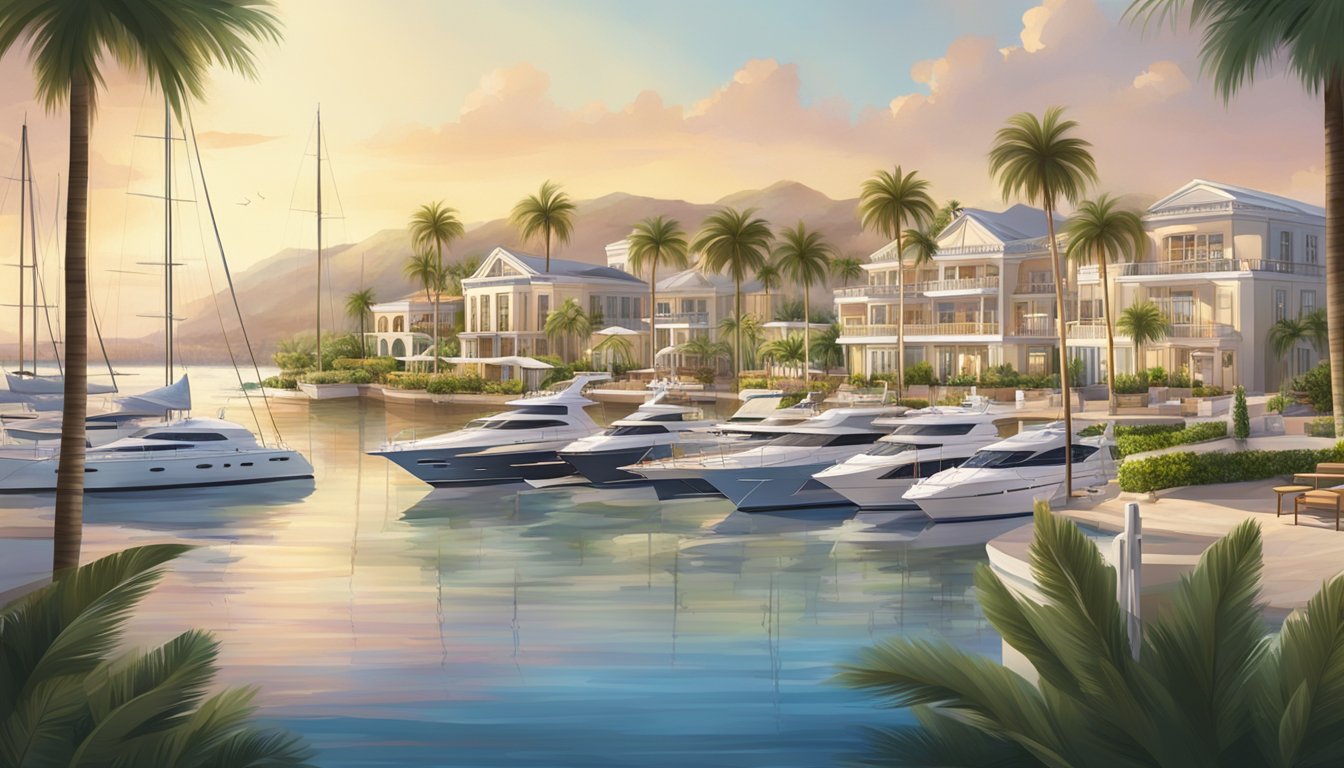 A luxurious marina with yachts and sailboats, surrounded by palm trees and upscale waterfront properties