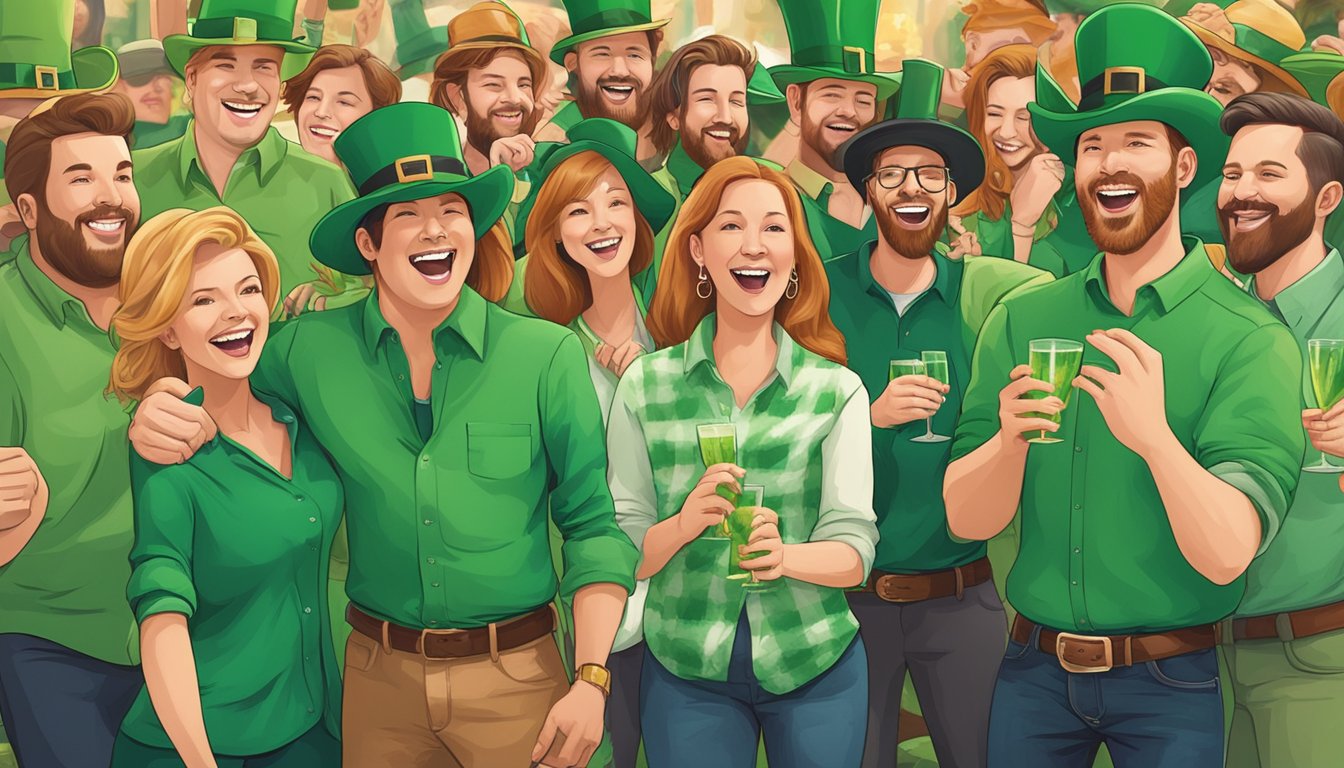 A group of friends wearing green, dancing and singing along to George Strait songs at a lively St. Patrick's Day celebration