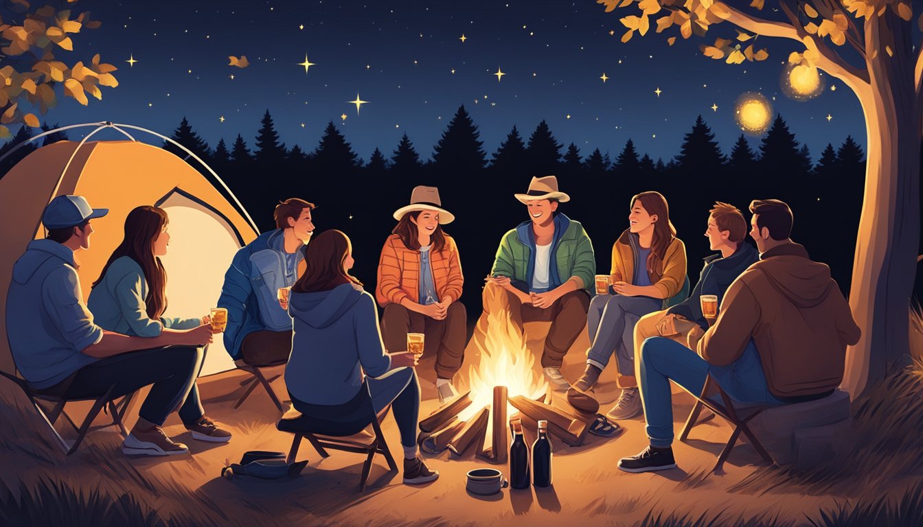 A group of people gather around a cozy bonfire, enjoying drinks and laughter as they listen to smooth country tunes under the starry night sky