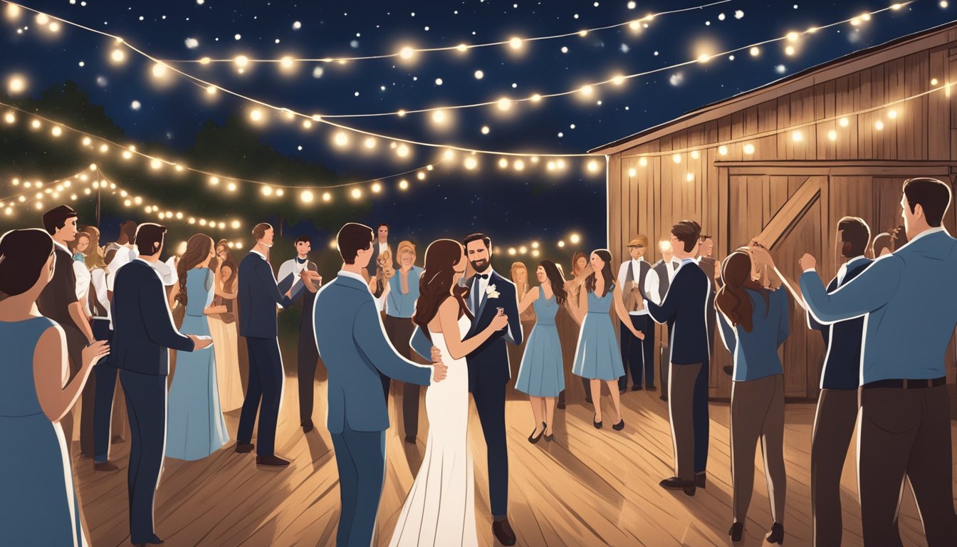 A rustic barn wedding with twinkle lights, a live band, and couples dancing under a starry night sky