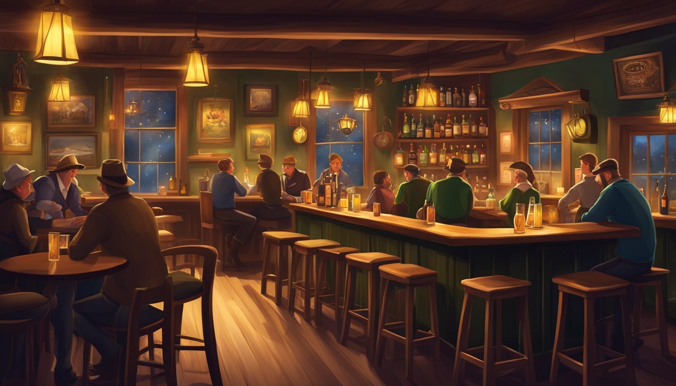 A cozy Irish pub with dim lighting, wooden bar stools, and a live band playing country music. A festive atmosphere with patrons enjoying drinks and laughter