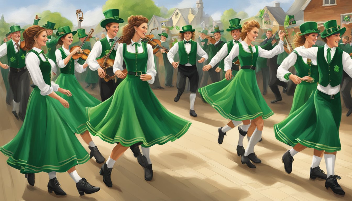 A lively St. Patrick's Day celebration with Irish dancers and a band playing traditional music, while George Strait songs add a country twist to the festive atmosphere