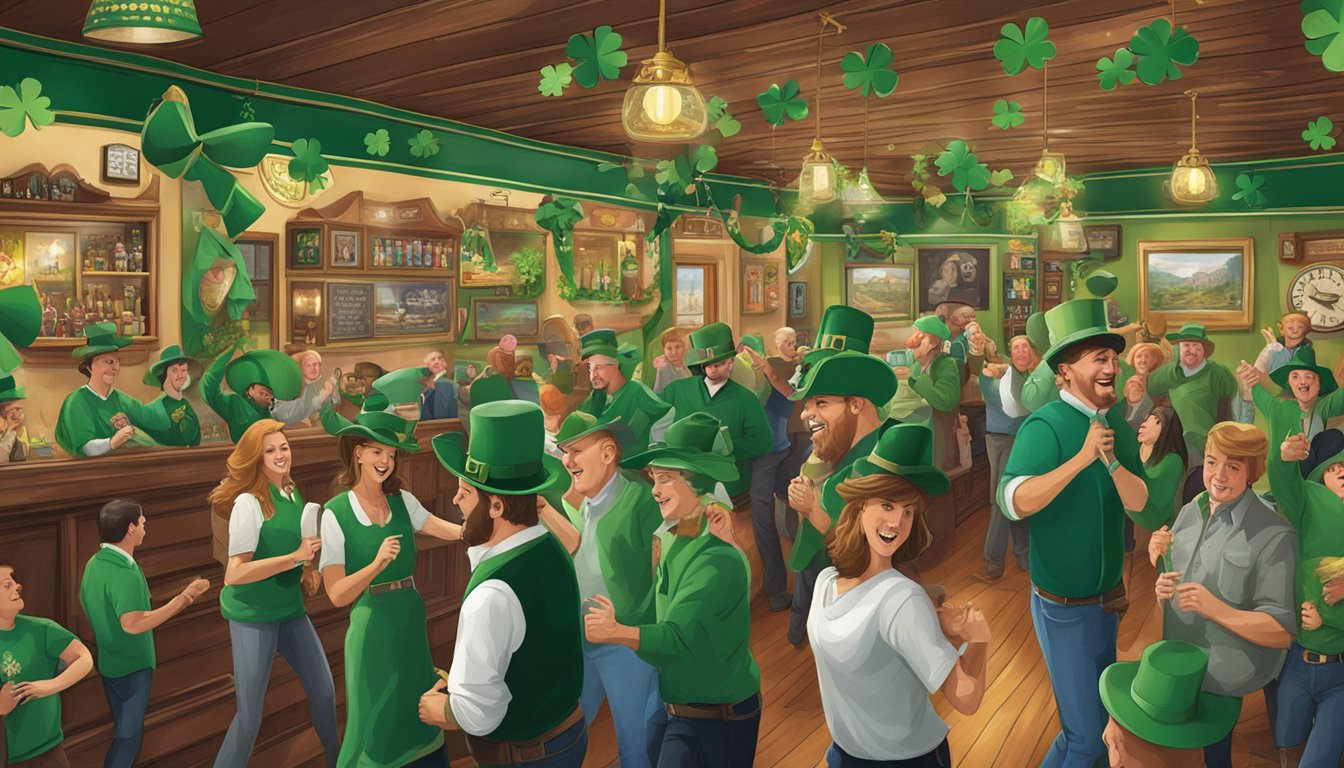 A lively pub filled with people dancing and singing along to George Strait songs, with St. Patrick's Day decorations adorning the walls