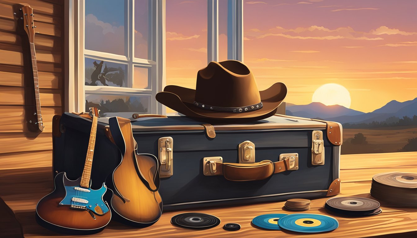 A lone cowboy hat sits atop a weathered guitar case, surrounded by a collection of vintage vinyl records. The setting sun casts a warm glow over the scene, evoking a sense of nostalgia and timeless country music