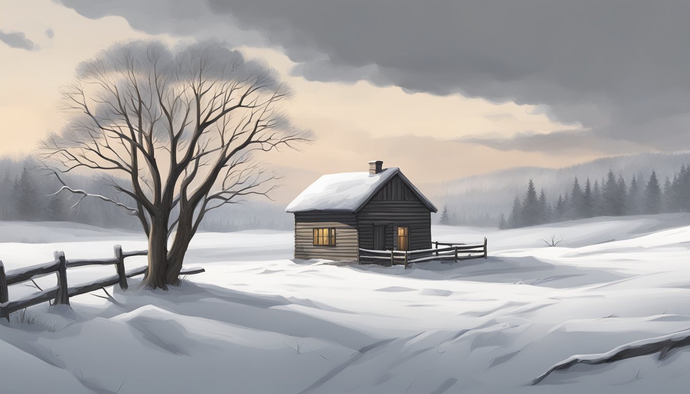 A snow-covered landscape with a lone cabin, bare trees, and a gray sky