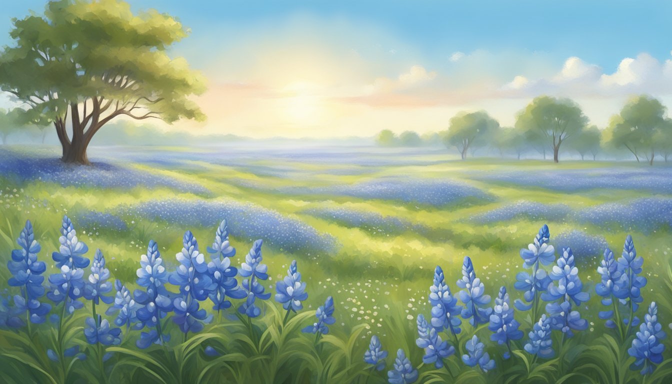 A field of delicate bluebonnet flowers blooming under a clear spring sky, with a gentle breeze rustling the grass