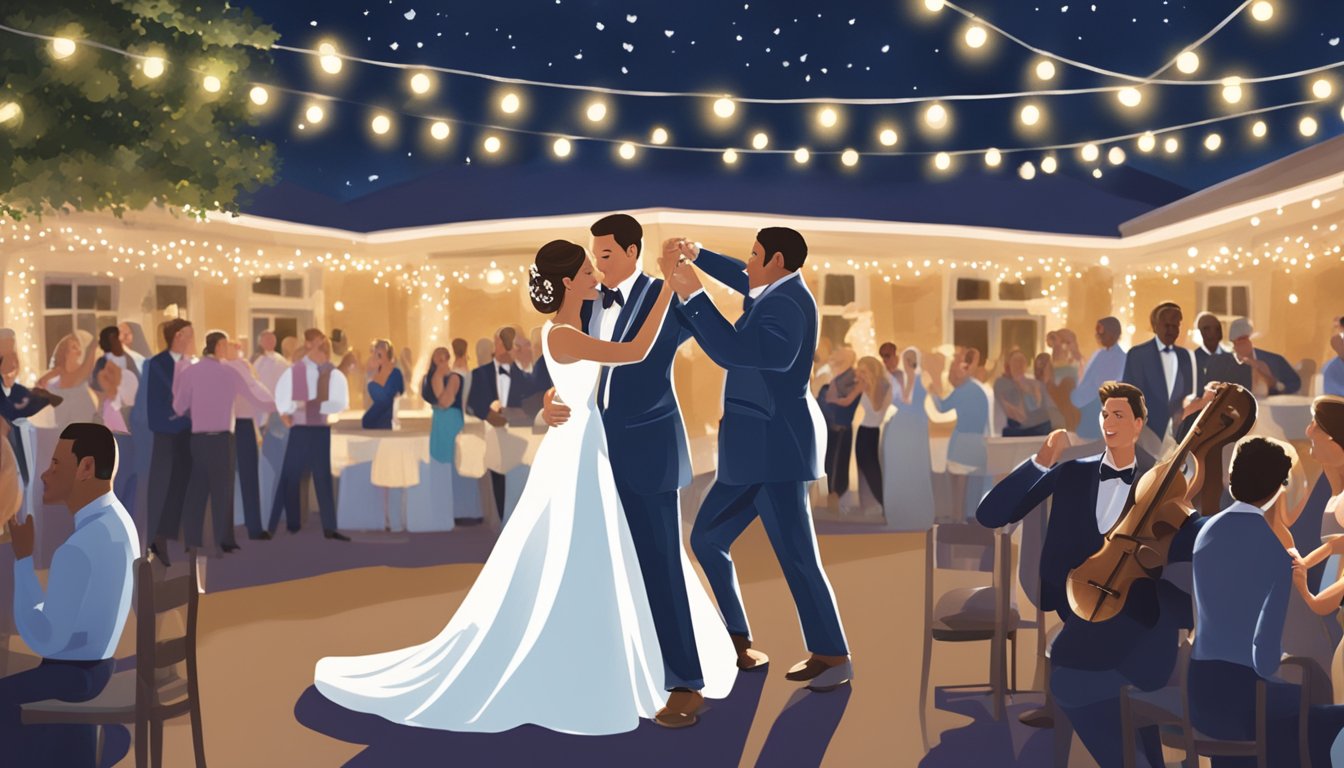 A bride and groom dancing to George Strait songs, surrounded by a romantic setting with twinkling lights and a live band playing in the background