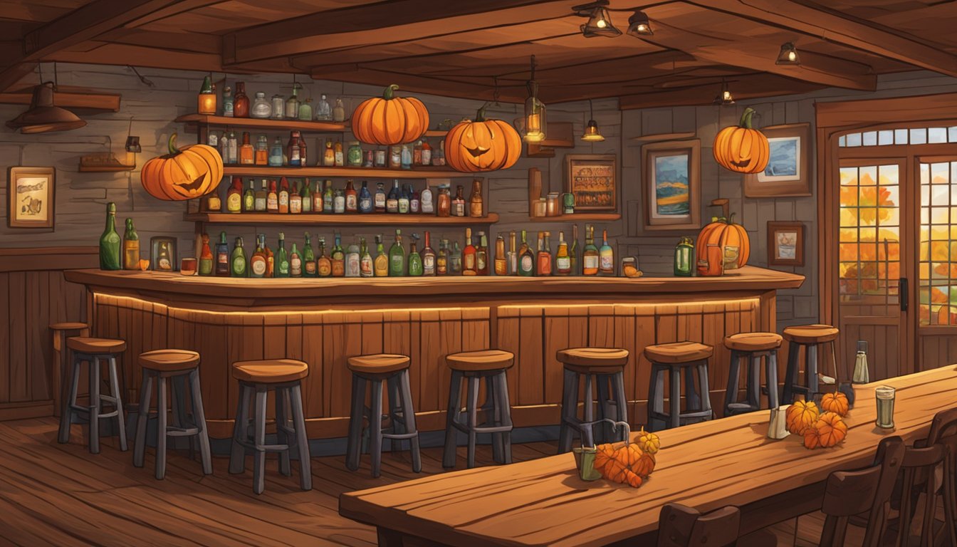 A cozy, rustic bar with wooden tables and chairs, adorned with autumn leaves and pumpkins. A bartender pours a cold beer as George Strait songs play in the background