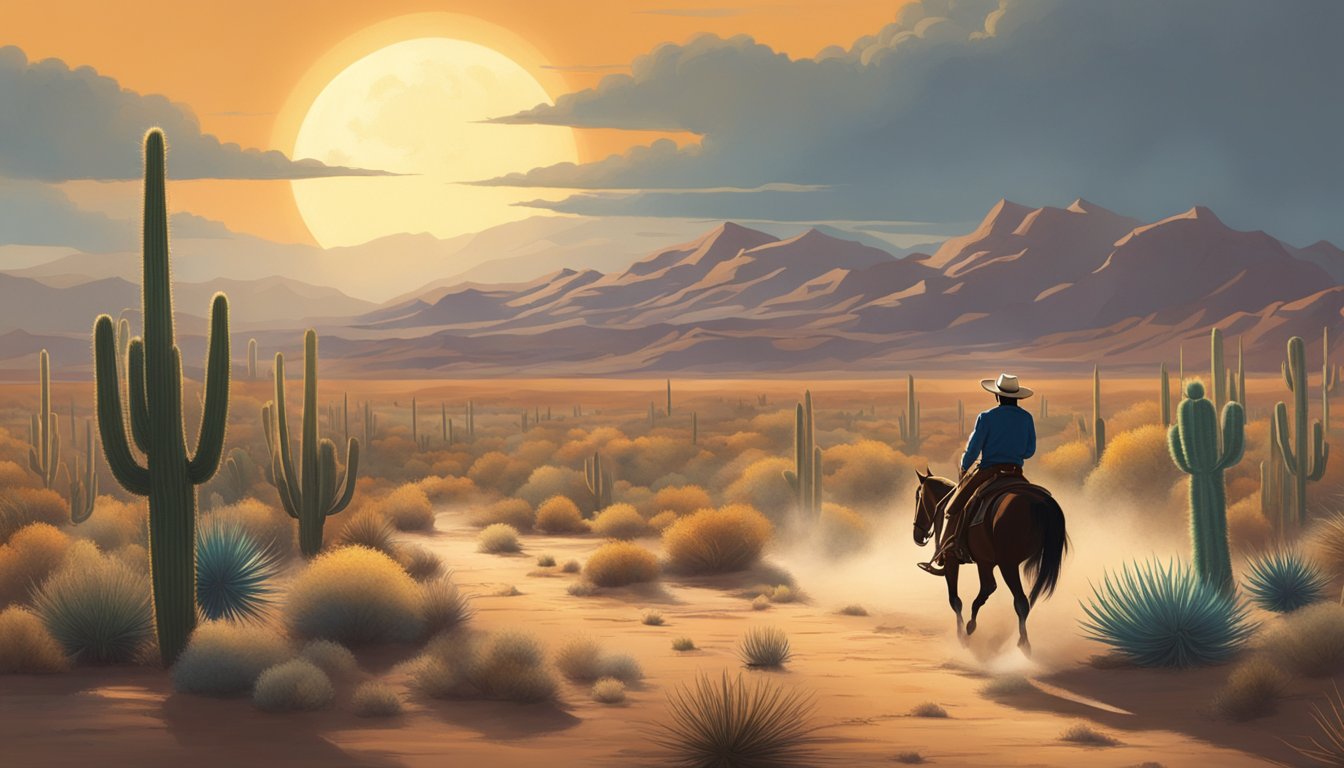 A lone cowboy rides through a desert landscape, with cacti and tumbleweeds, under a scorching sun. A distant storm brews on the horizon, symbolizing the changing seasons