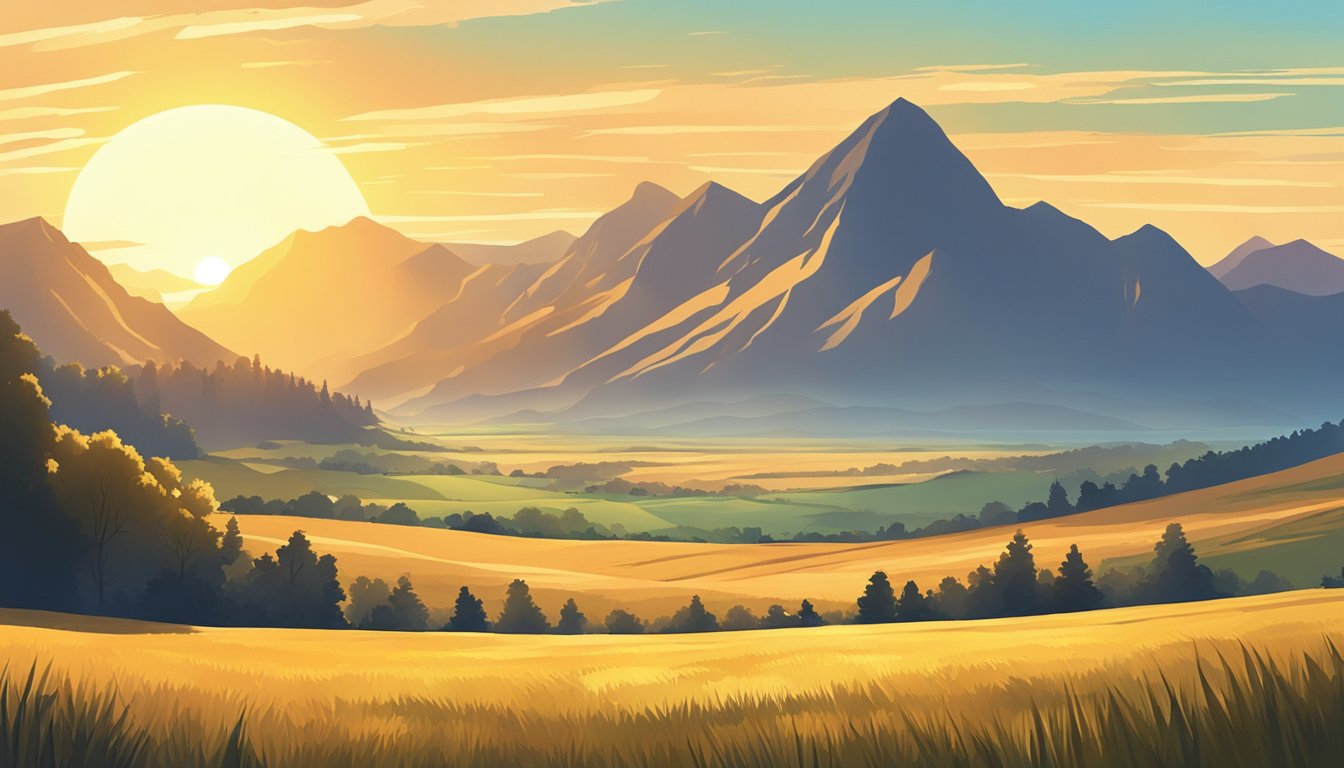 A vast open field with a bright, golden sun shining down, casting long shadows as it sets behind the distant mountains