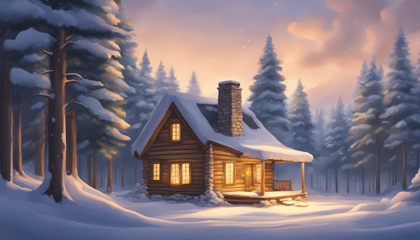 A cozy cabin nestled in a snowy forest, with a warm fire burning inside and a blanket of snow covering the ground outside