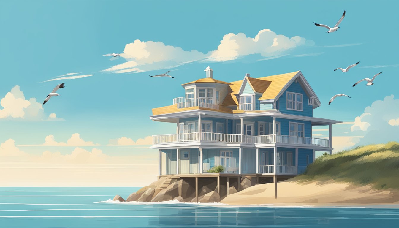 A lone beach house overlooking the vast ocean, with a clear blue sky and seagulls flying overhead