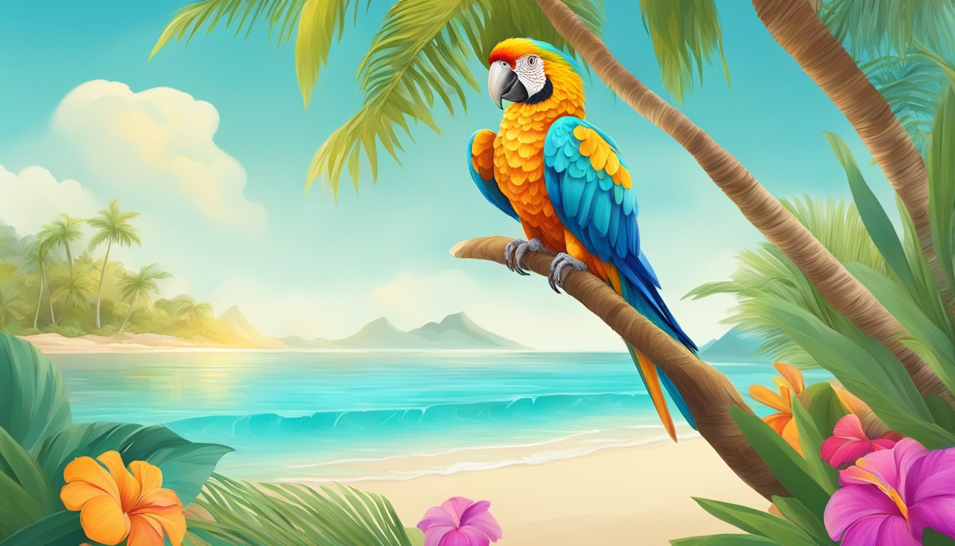 Palm trees sway on a sandy beach, overlooking turquoise waters. A colorful parrot perches on a branch, surrounded by vibrant tropical flowers