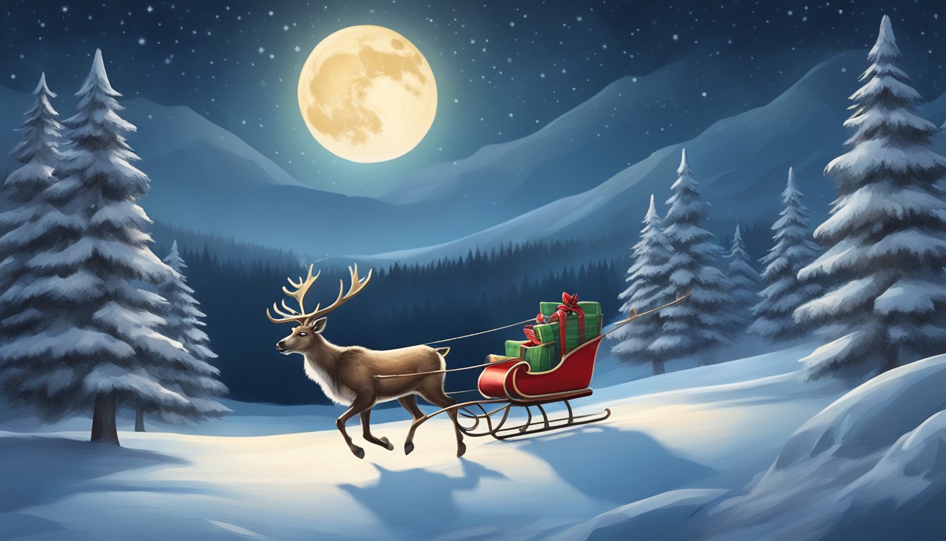 A reindeer with a red nose pulling a sleigh through a snowy landscape at night, with a full moon and twinkling stars in the sky