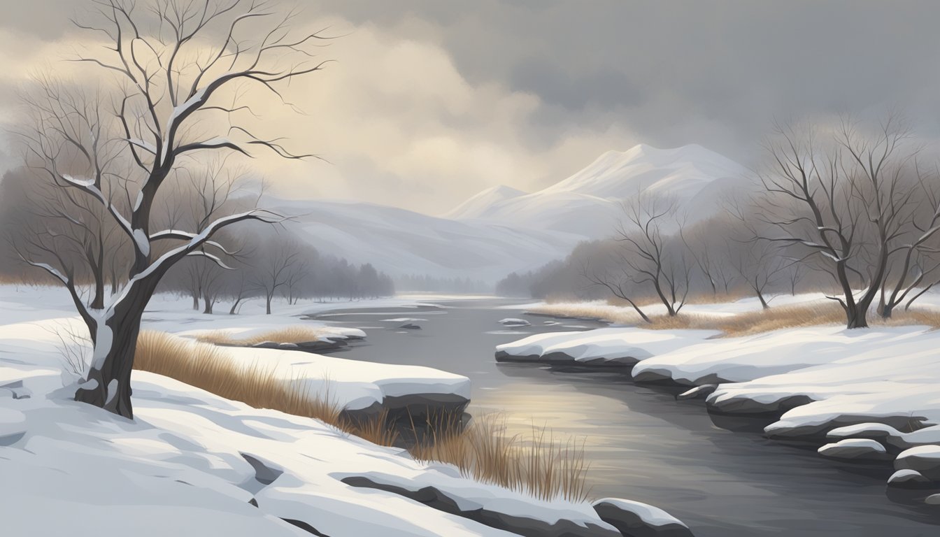 A snow-covered river winds through a wintry landscape, with bare trees and a gray sky