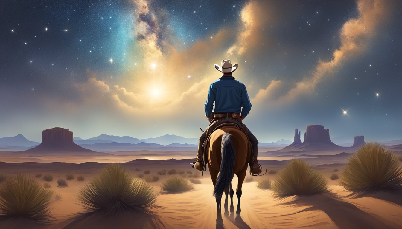 A lone cowboy riding through a vast, open desert landscape, gazing up at the stars with a look of determination and hope on his face