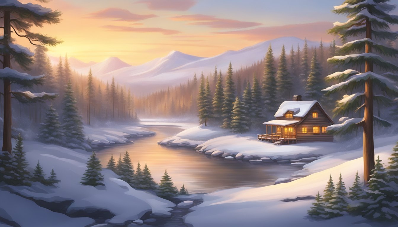 A snow-covered landscape with evergreen trees, a cozy cabin, and a winding river, all bathed in the soft light of a winter sunset