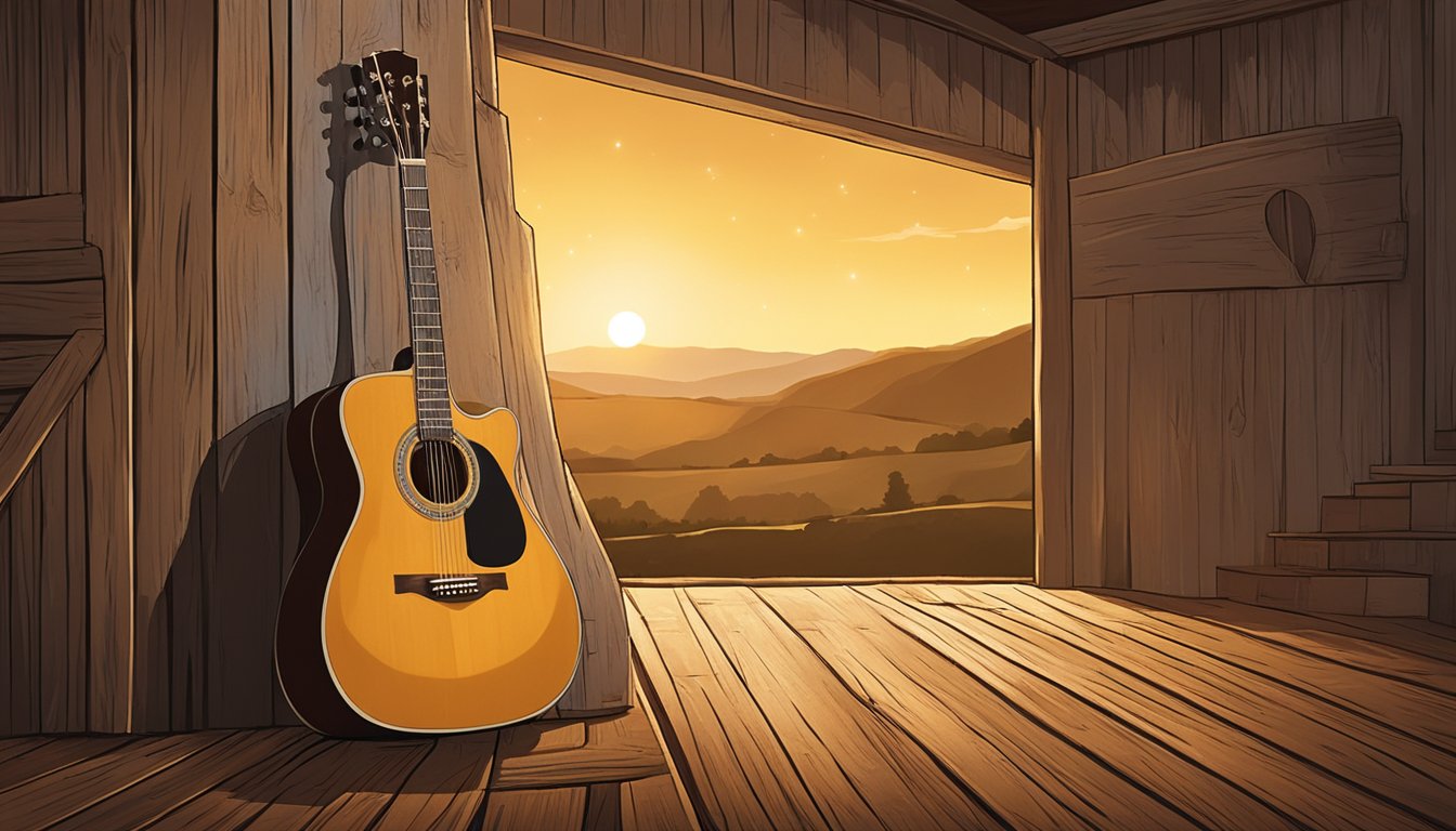 A lone guitar sits on a weathered wooden stage, illuminated by the warm glow of stage lights. The backdrop features a rustic countryside scene, evoking the dreams and aspirations often found in country music