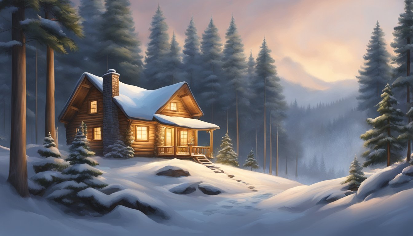 A cozy cabin nestled in a snowy forest, with smoke billowing from the chimney, surrounded by pine trees and a blanket of snow