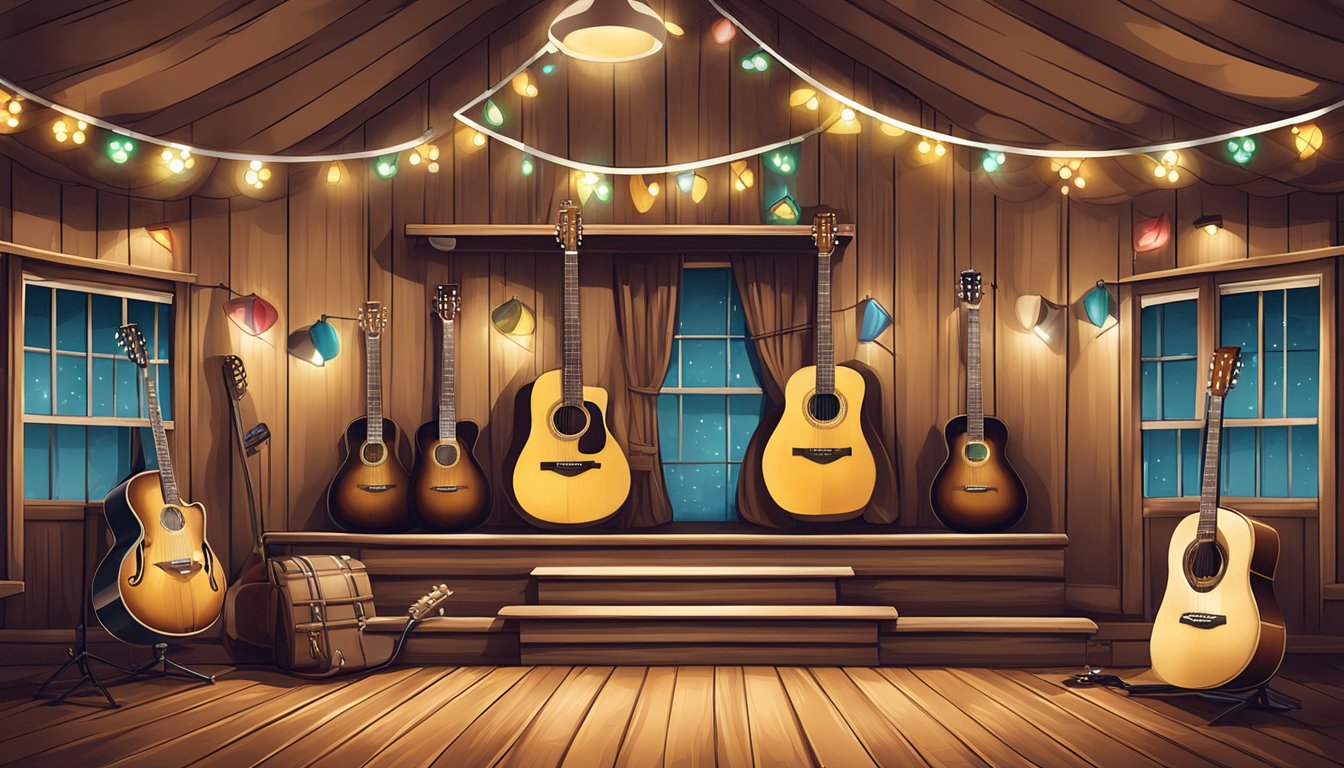 A country music stage with holiday decorations, cowboy hats, and guitars