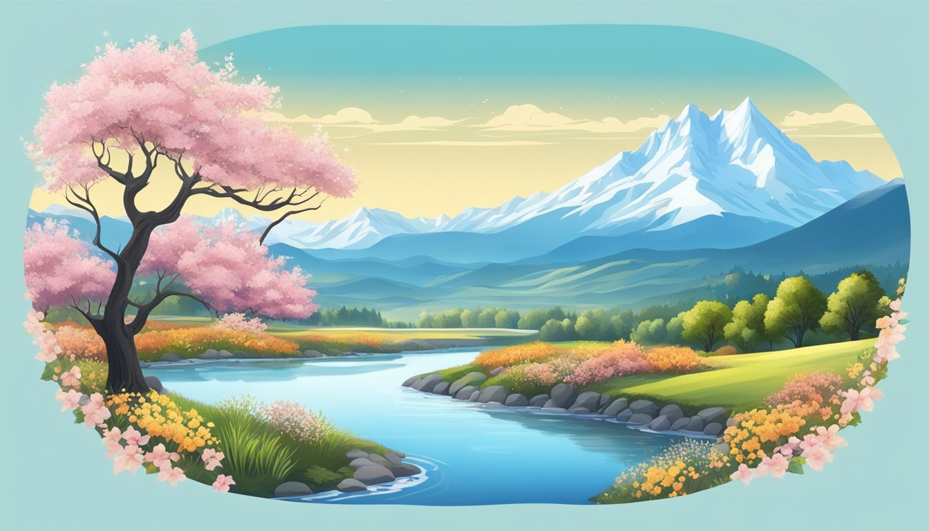 A countryside landscape with a winding river, blooming flowers, changing leaves, and snow-capped mountains, all under a clear blue sky