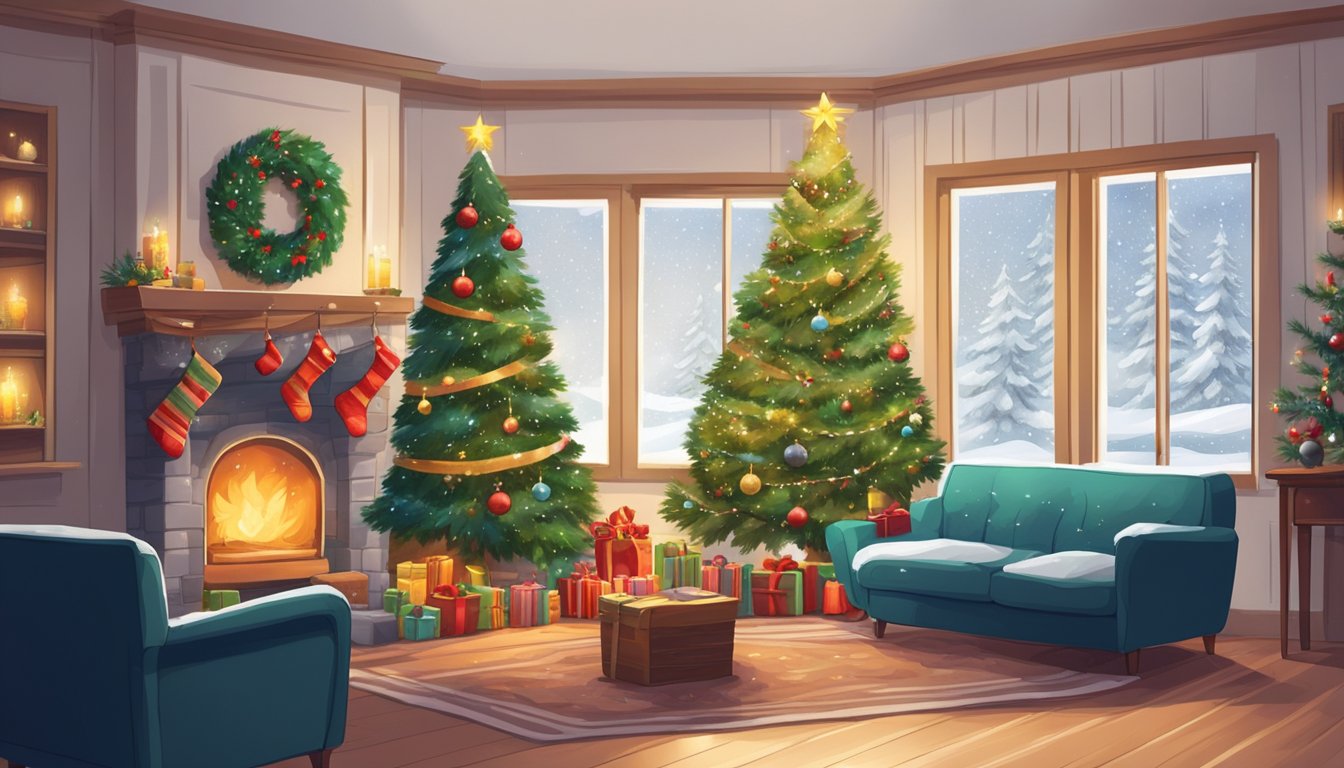 A cozy living room adorned with Christmas decorations, a crackling fire, and a beautifully decorated tree, with snow falling outside the window