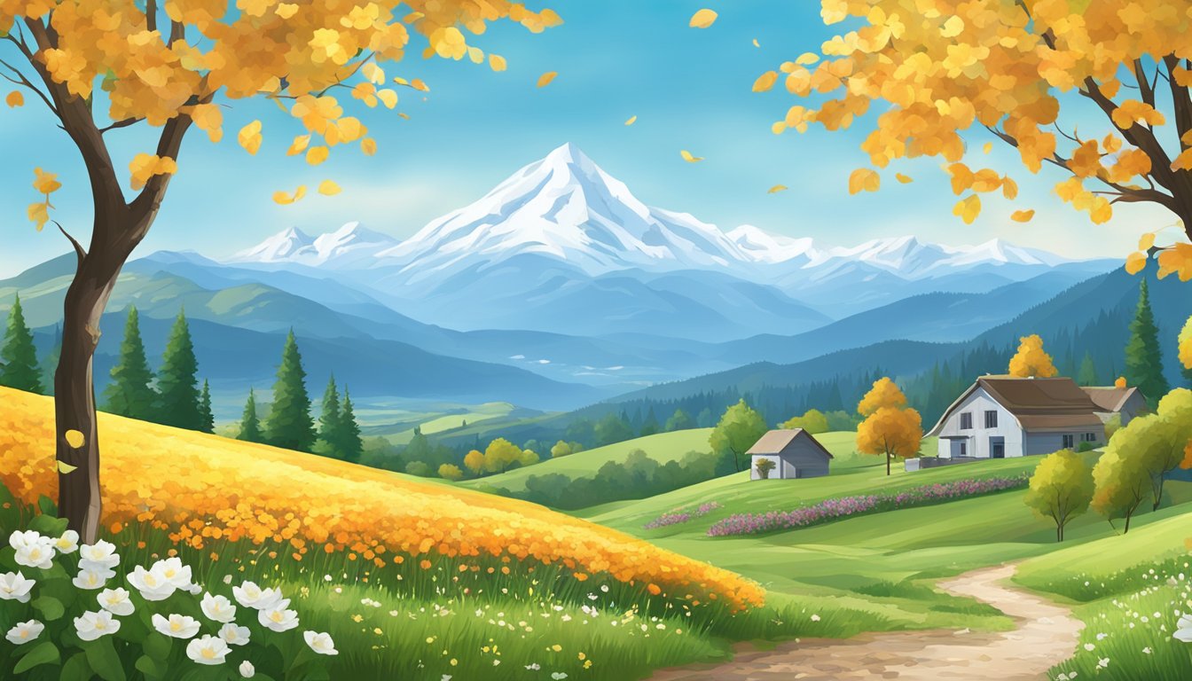 A countryside landscape with blooming flowers, falling leaves, and snow-capped mountains, set to the backdrop of a clear blue sky