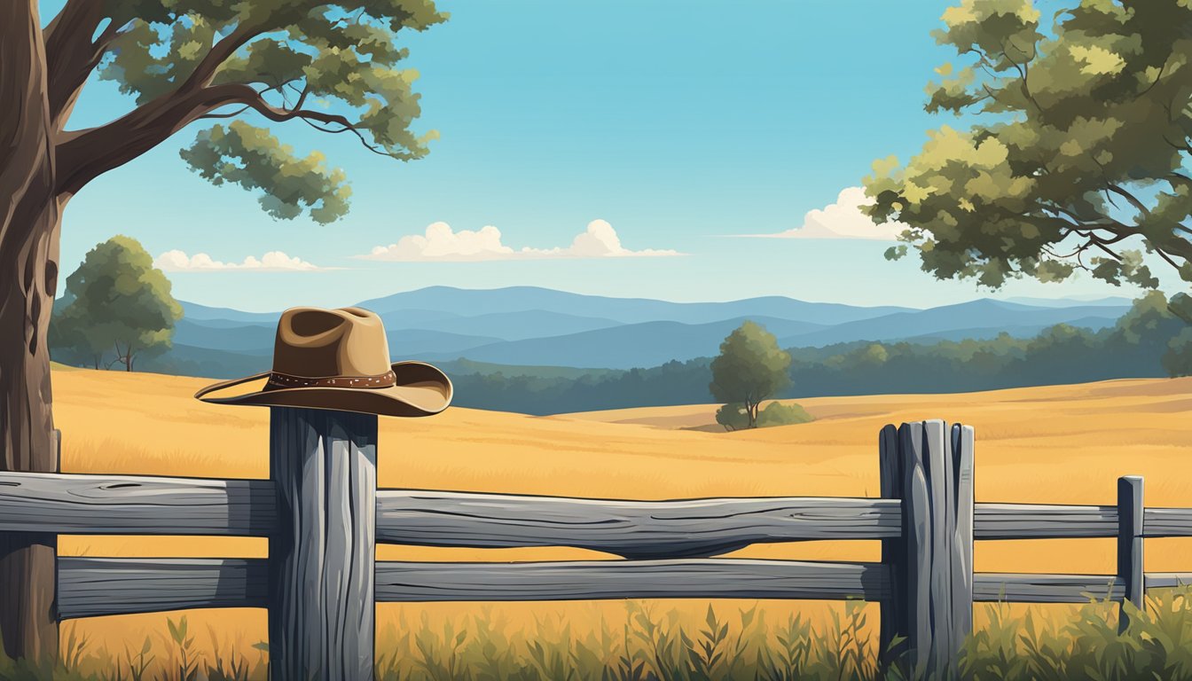 A cowboy hat resting on a wooden fence post with a backdrop of rolling hills and a clear blue sky