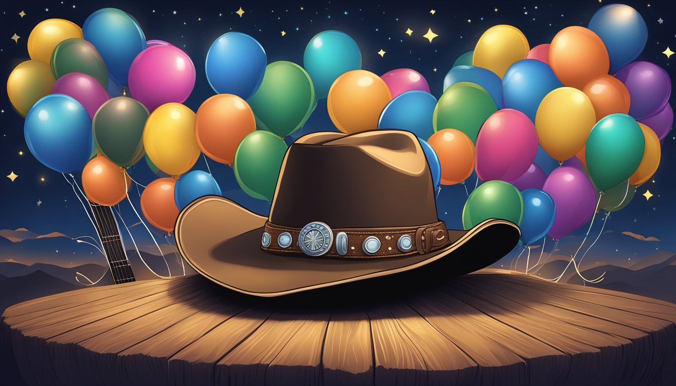 A cowboy hat surrounded by birthday balloons and a guitar, set against a backdrop of a starry night sky