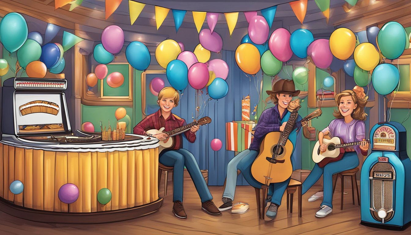 A festive birthday party with balloons, cake, and a jukebox playing George Strait songs