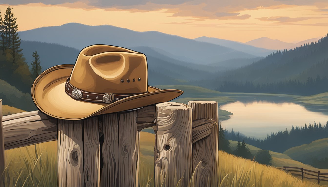 A cowboy hat rests on a weathered wooden fence post, surrounded by rolling hills and a winding river. A guitar leans against the post, with a cowboy boot and spur nearby