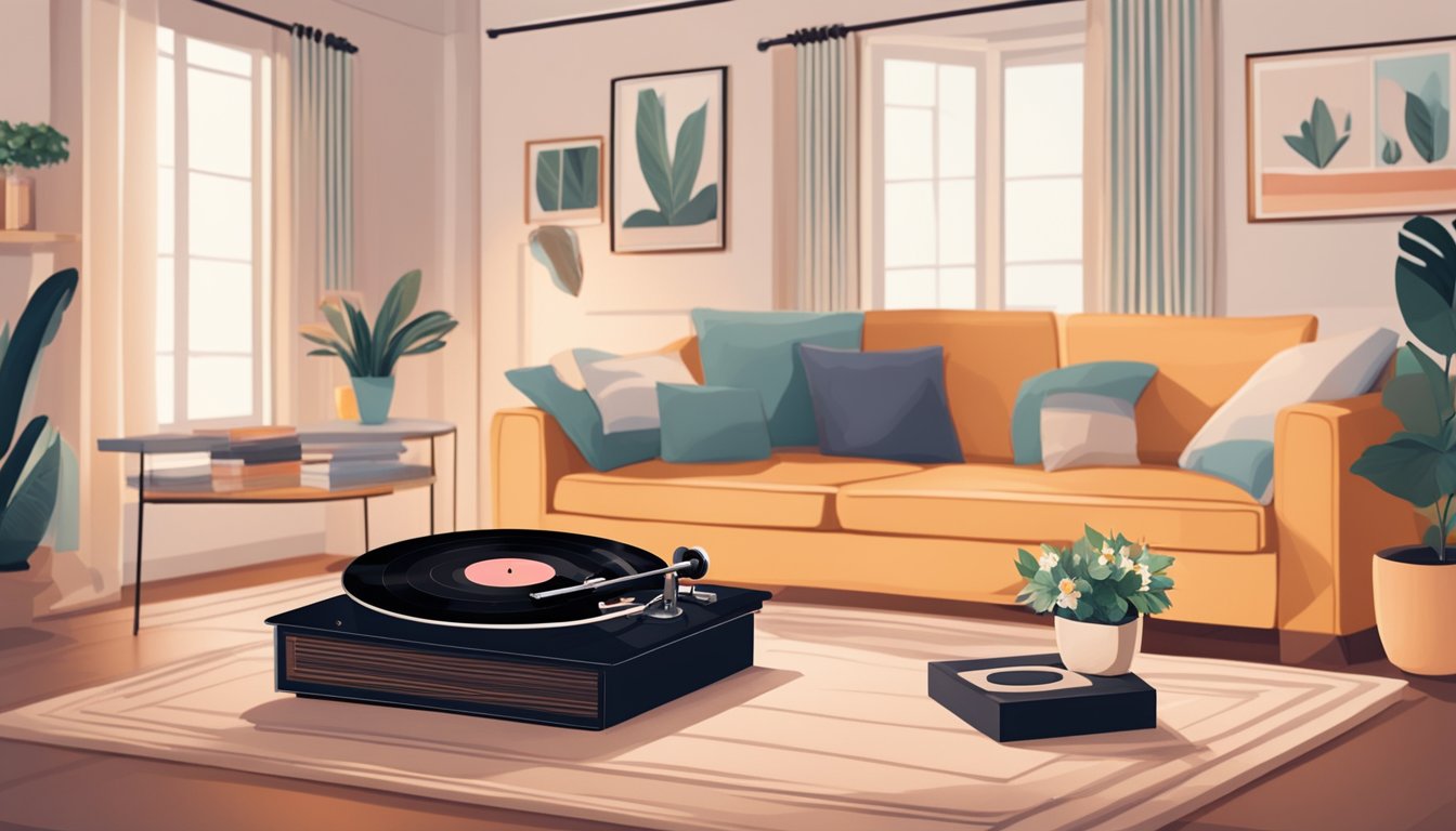 A cozy living room with a record player and albums spread out on a coffee table. Soft candlelight and a vase of flowers create a romantic atmosphere