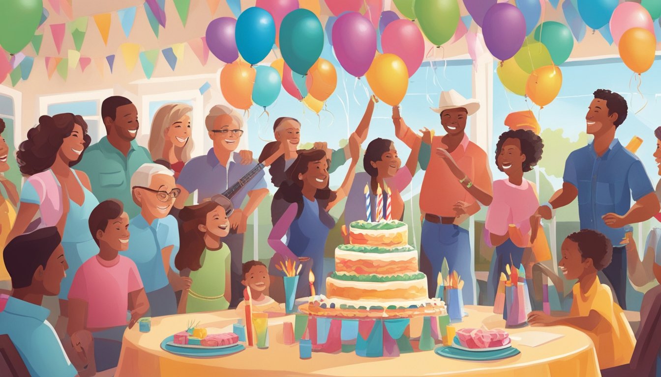 A festive birthday party with colorful decorations, balloons, and a cake surrounded by friends and family. Music by George Strait fills the air, adding to the joyful atmosphere