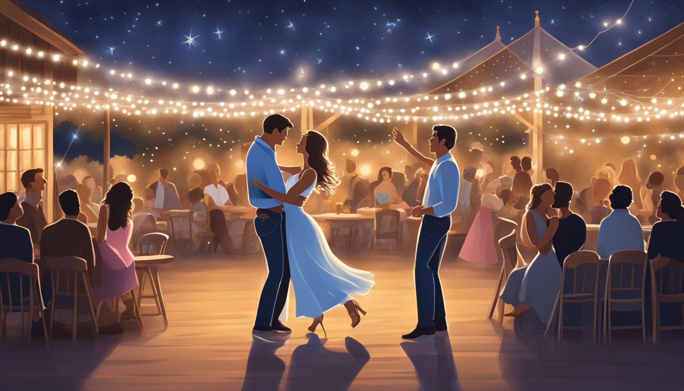 A romantic couple dancing under the stars, surrounded by a soft glow of fairy lights, while George Strait's music fills the air