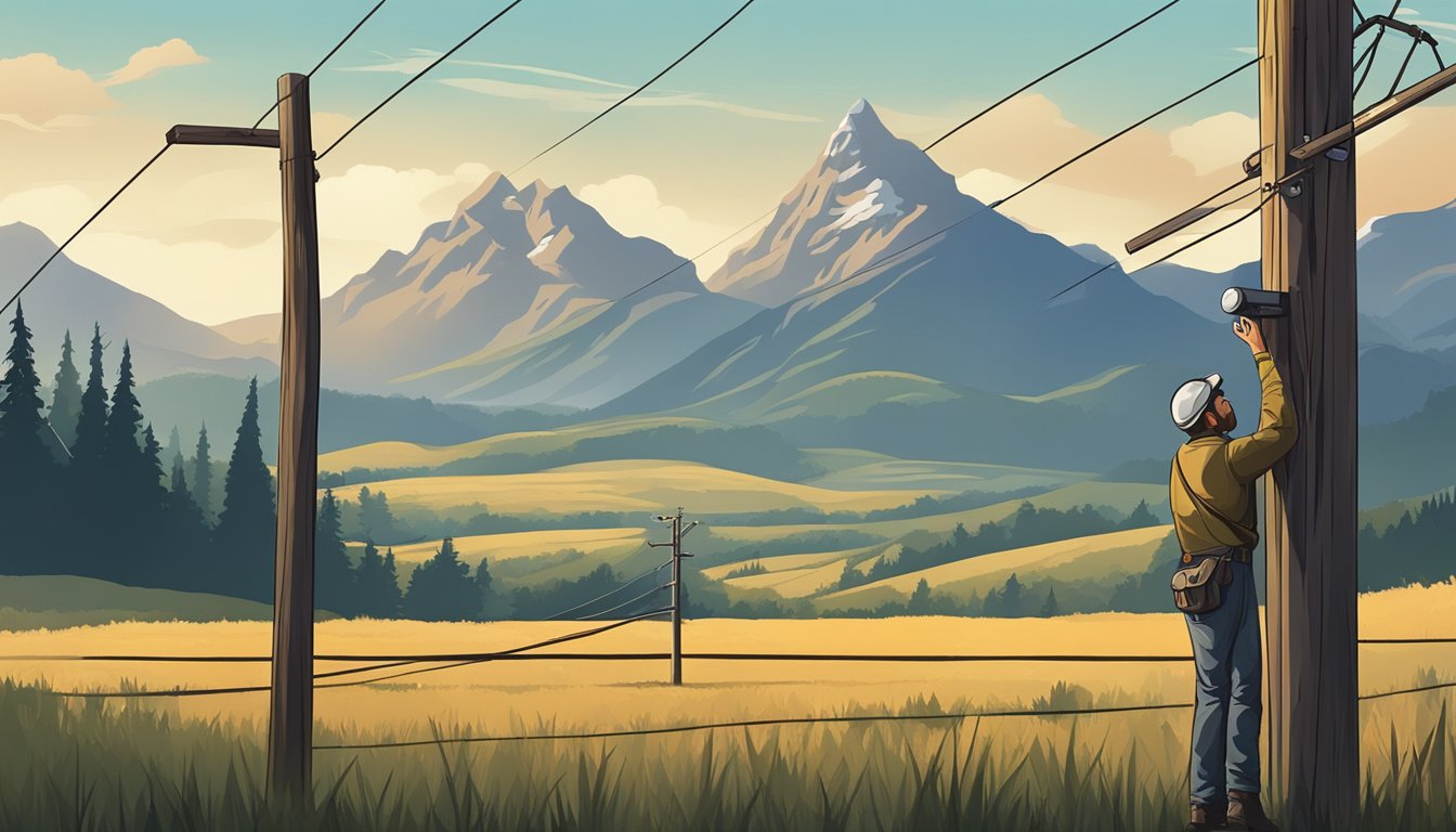 A lone lineman works on a telephone pole against a backdrop of natural landmarks, including mountains, rivers, and fields