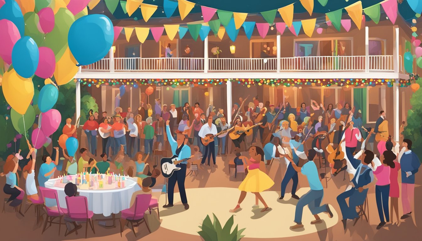 A festive birthday party with a stage and a live band performing George Strait songs, surrounded by happy guests and colorful decorations